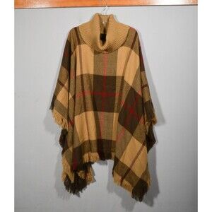 Allie & Rob Tan Red Herringbone Turtleneck Fringed Blanket Poncho Sweater Sz 2X
